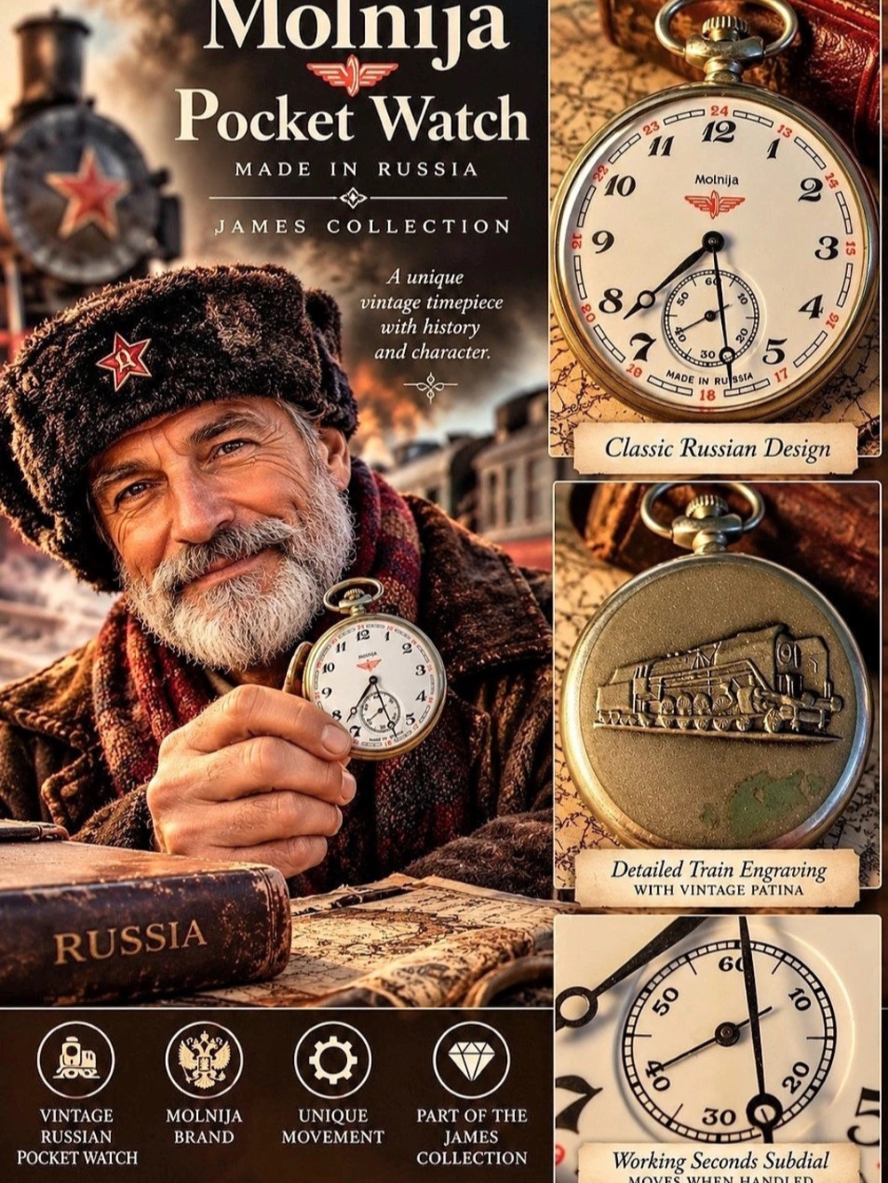 Molnija Locomotive Pocket Watch Caliber 3602 Silver & Brown | The James Collecti